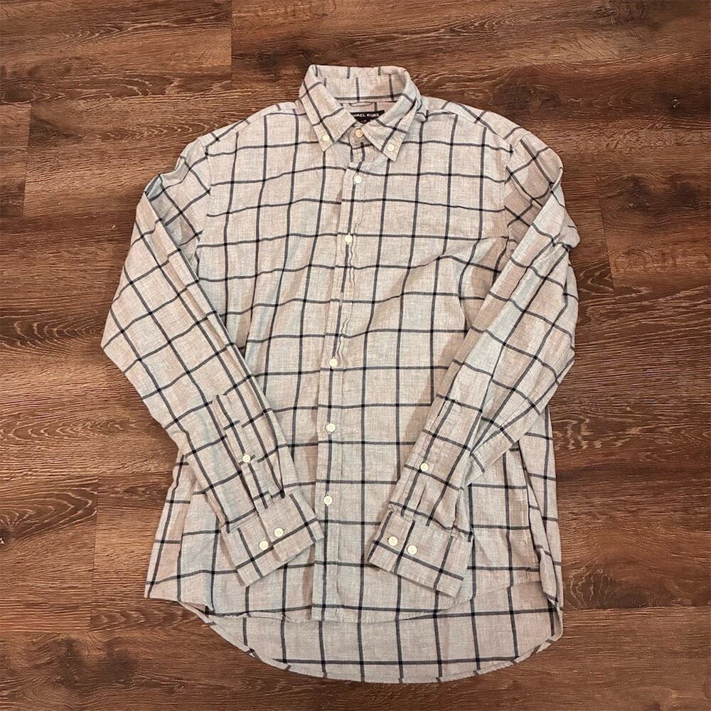 Michael Kors Button-Up Shirt Men's Small Gray Windowpane Plaid Slim Fit